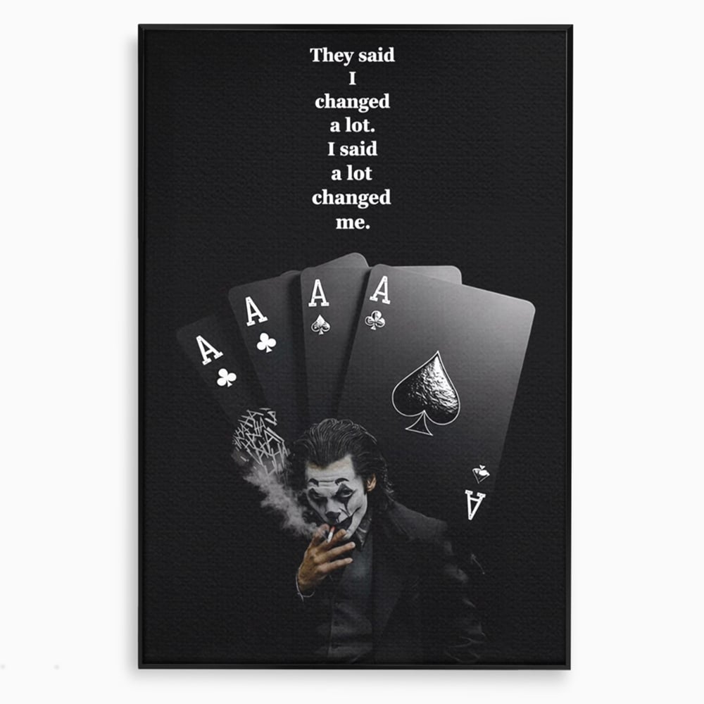 Tablou canvas cu tablou motivational cu joker si carti de joc, in rama de aluminiu negru